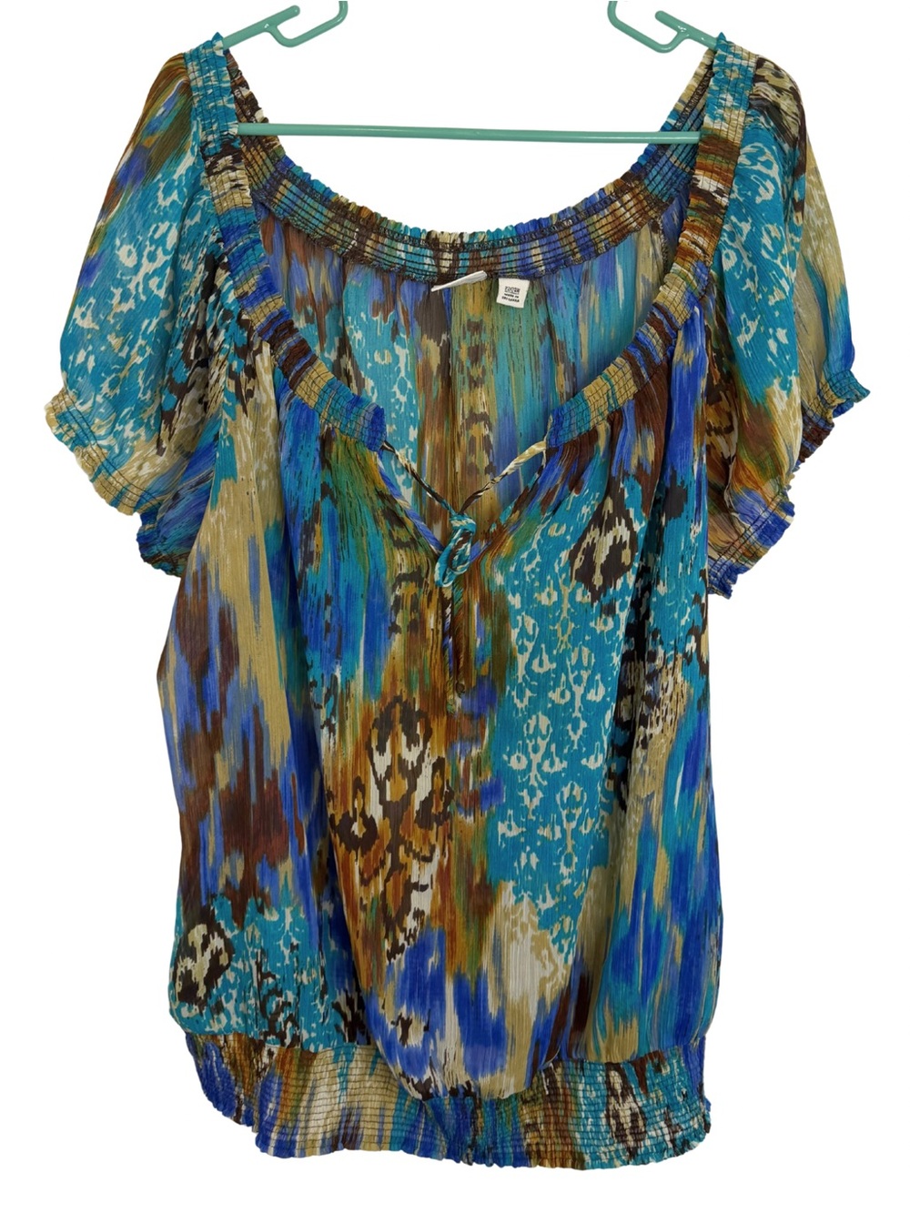 3/$20 Cato Teal, Blue, Brown Smocked Sheer Peasant Blouse Size 22/24W